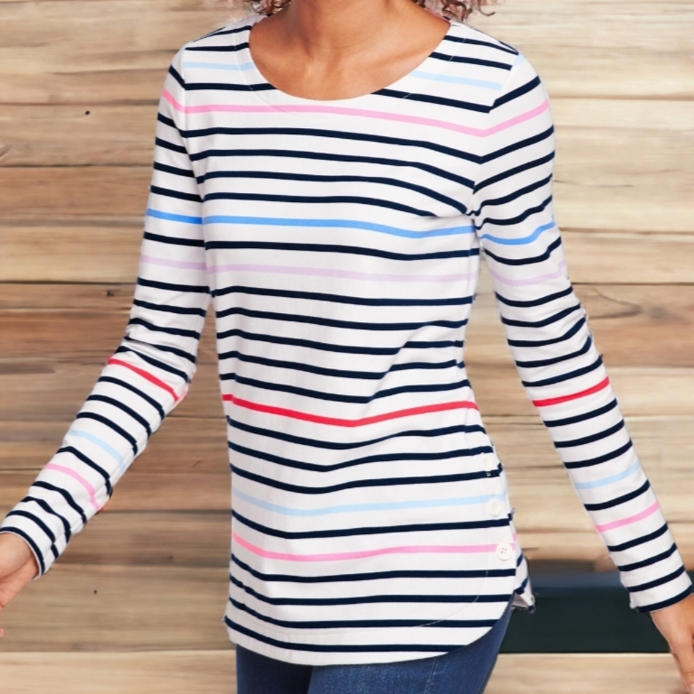 T BY TALBOTS Stripe Side Button Pullover Long Sleeve Tee Sz XL NWOT Multicolor